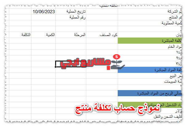 نموذج حساب تكلفة منتج