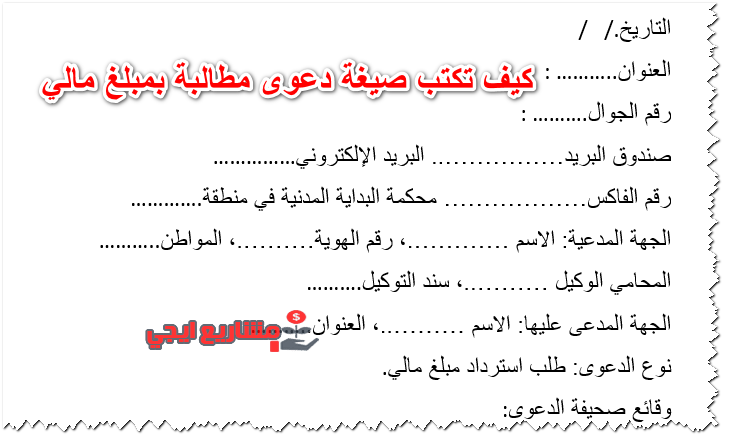 كيف تكتب صيغة دعوى مطالبة بمبلغ مالي